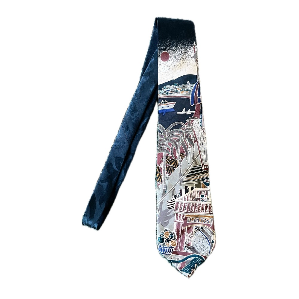 Vintage 70s Silk Tie Carlton Hotel Coastal Landscape Scene Tall Man USA Resort